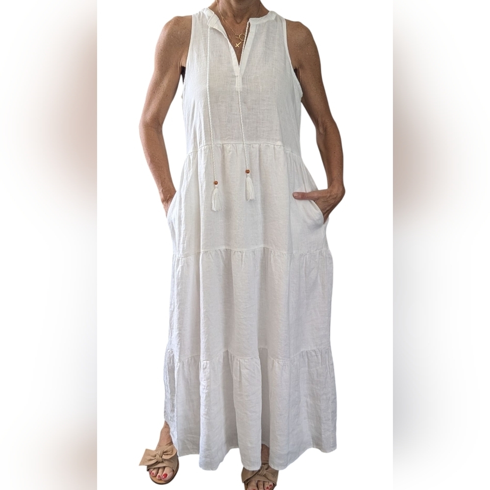 NWT Magaschoni White Linen Tiered Maxi Dress Pockets S